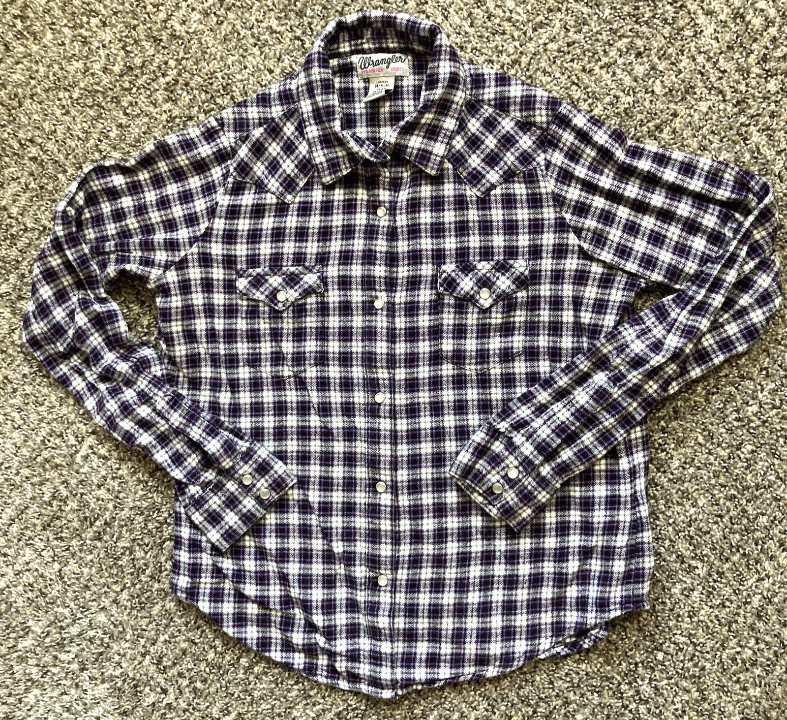 Wrangler Wrancher Western Shirt Women Med Purple Plaid Pearl Snap Long Slv Rodeo