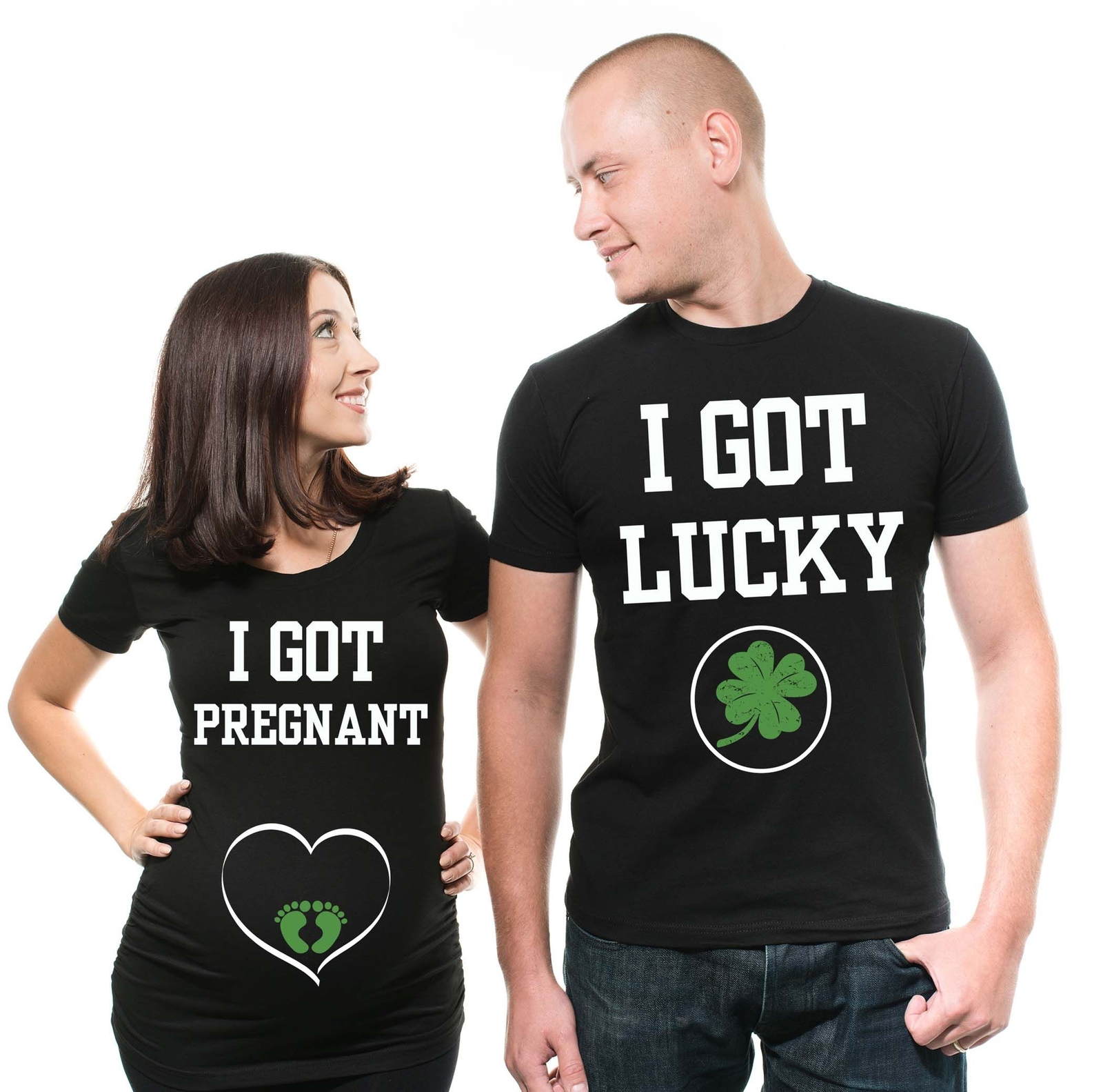 St Patrick’s Day Couple Pregnancy T-Shirts I Got Lucky I Got Pregnant Funny Tee