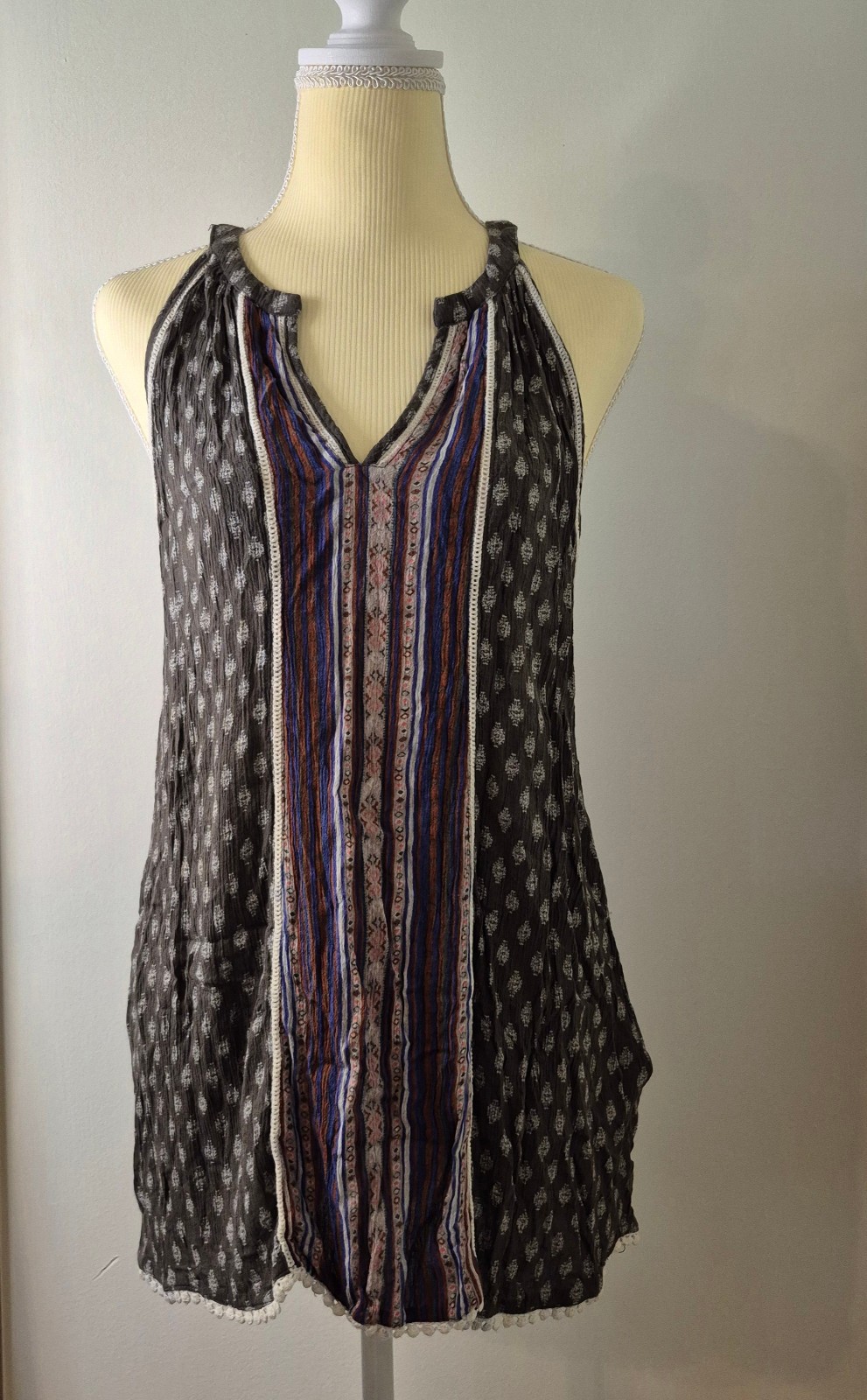 Women L Mixed Print Pom Pom Hem Top Boho Festival Coastal Grandmother Earthy