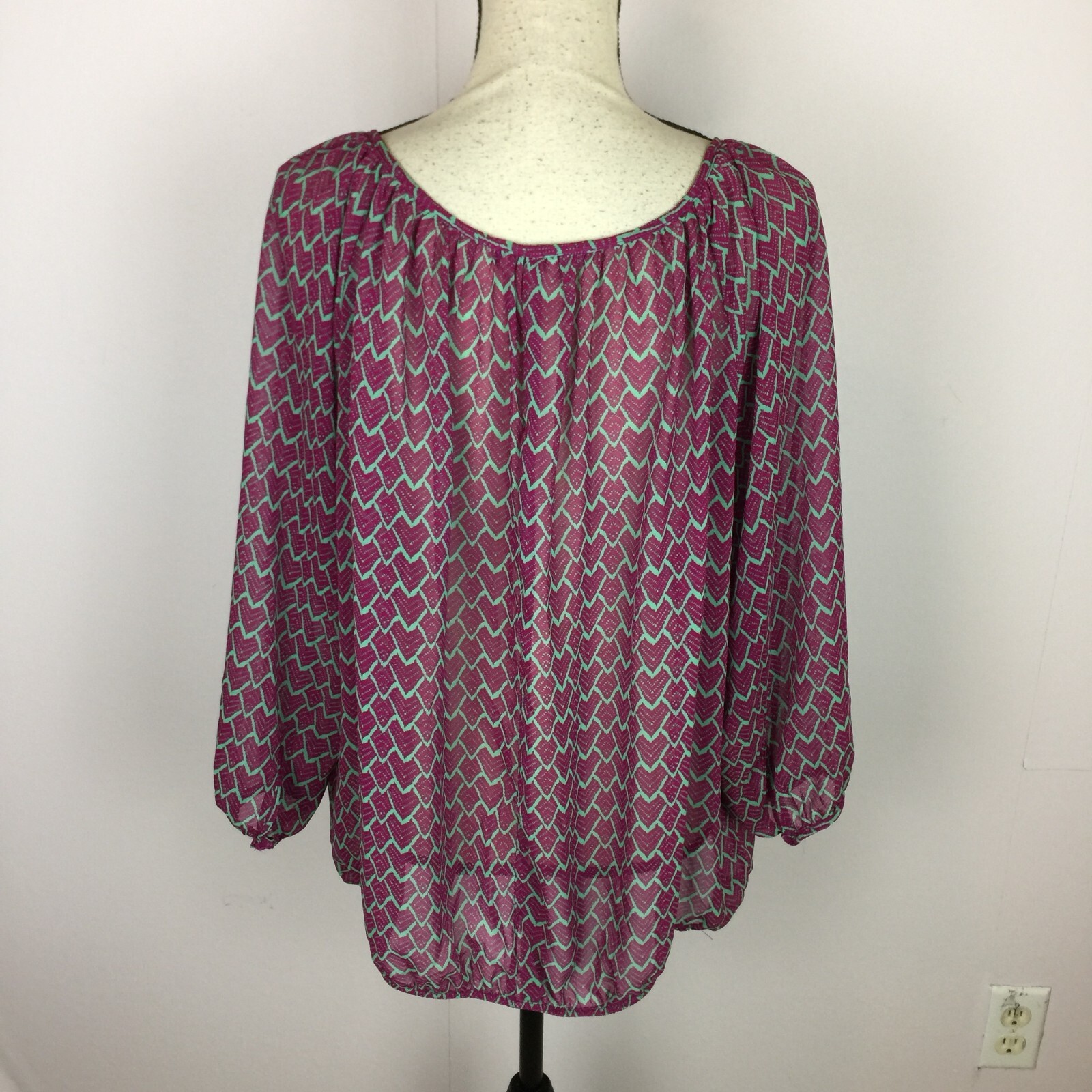 Olivia Moon Peasant Blouse Top XL Womans Purple Heart Print Sheer Elastic Waist