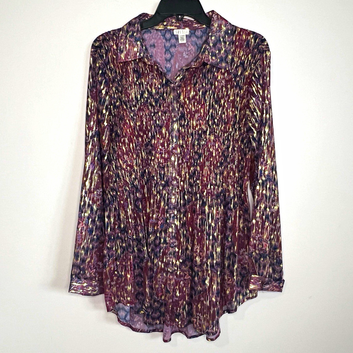Spense Women’s L Purple/Multicolor Abstract Collared Long Sleeve Button Blouse