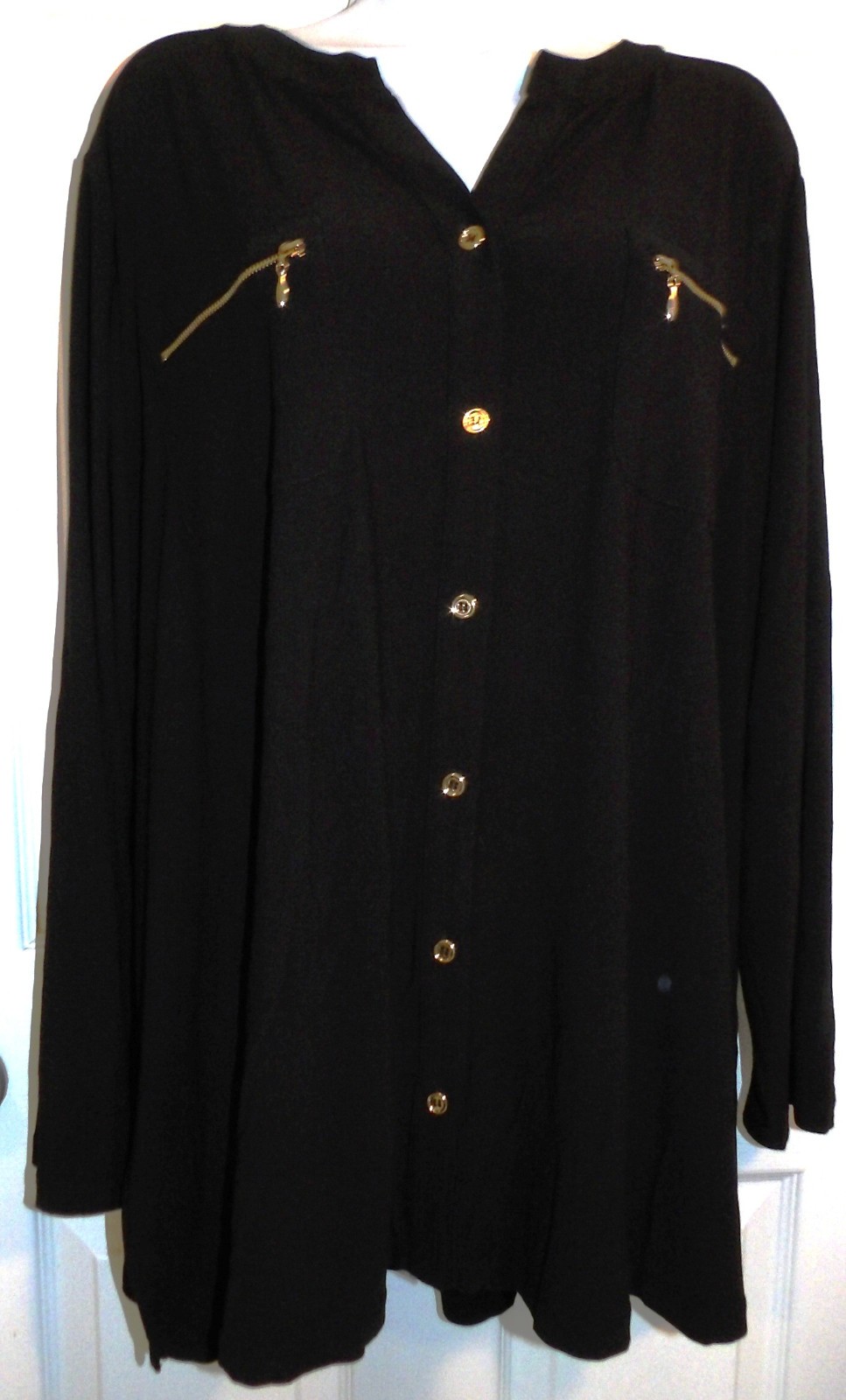 Excellent Black SUSAN GRAVER Long Sleeve Blouse w/Zip Pockets – 3X