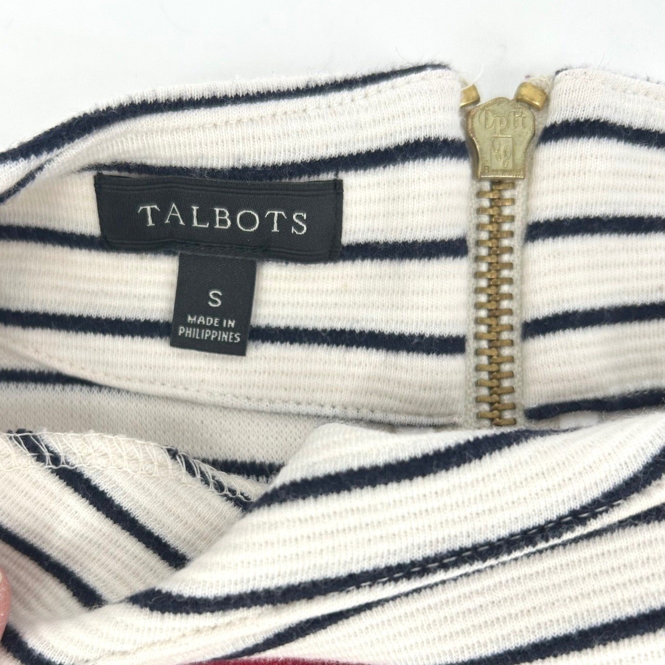 Talbots Knit Top S White Navy Red Striped Back Zip 3/4 Sleeve Nautical Preppy