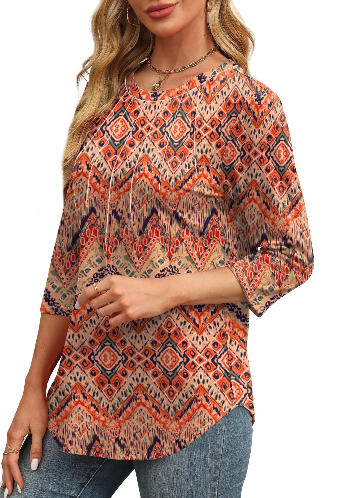 XIEERDUO 3/4 Length Sleeve Summer Top Crewneck Pleated Tunic Top Size Small