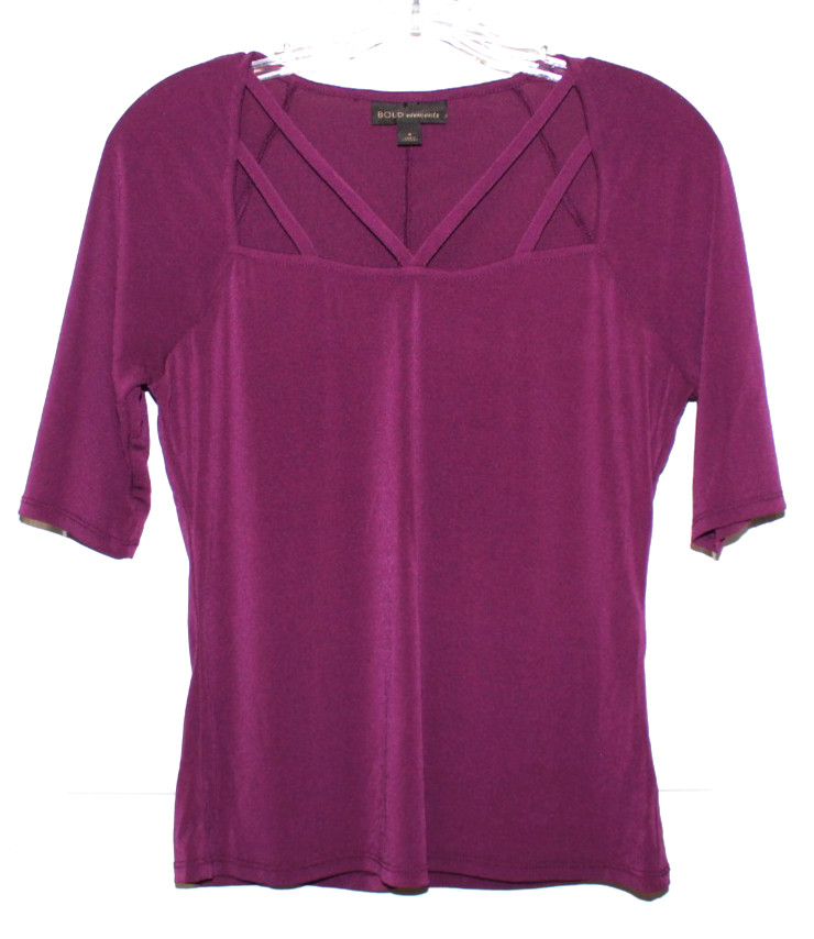 BOLD ELEMENT Women’s Burgundy Elbow Sleeves Stretch Crisscross Square Neck Top S