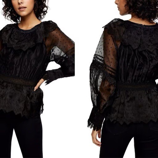 Topshop Womens Dobby Shirred Waist Peplum Top Black Textured Bishop Ruffle 4 NWT
