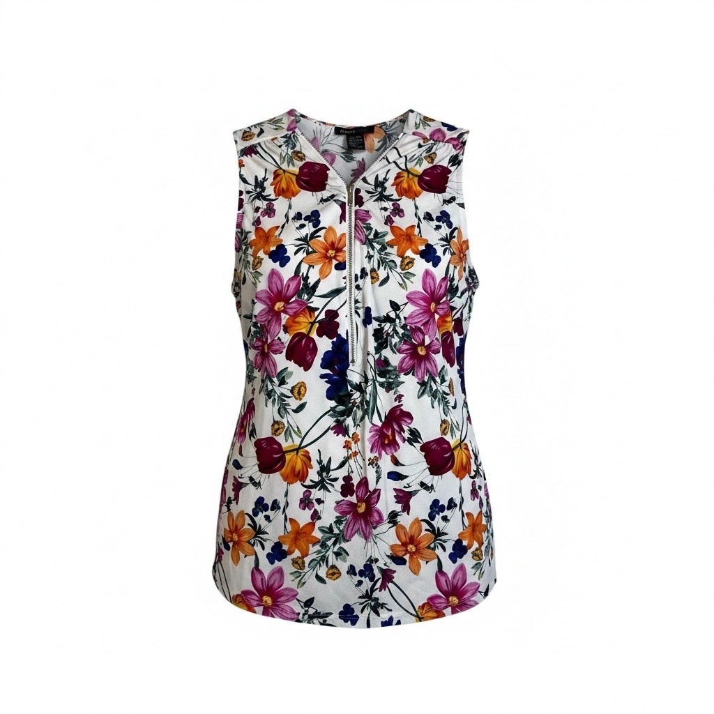 Robert Louis Floral Liquid Knit Sleeveless Half Zip Blouse White Multicolor XL