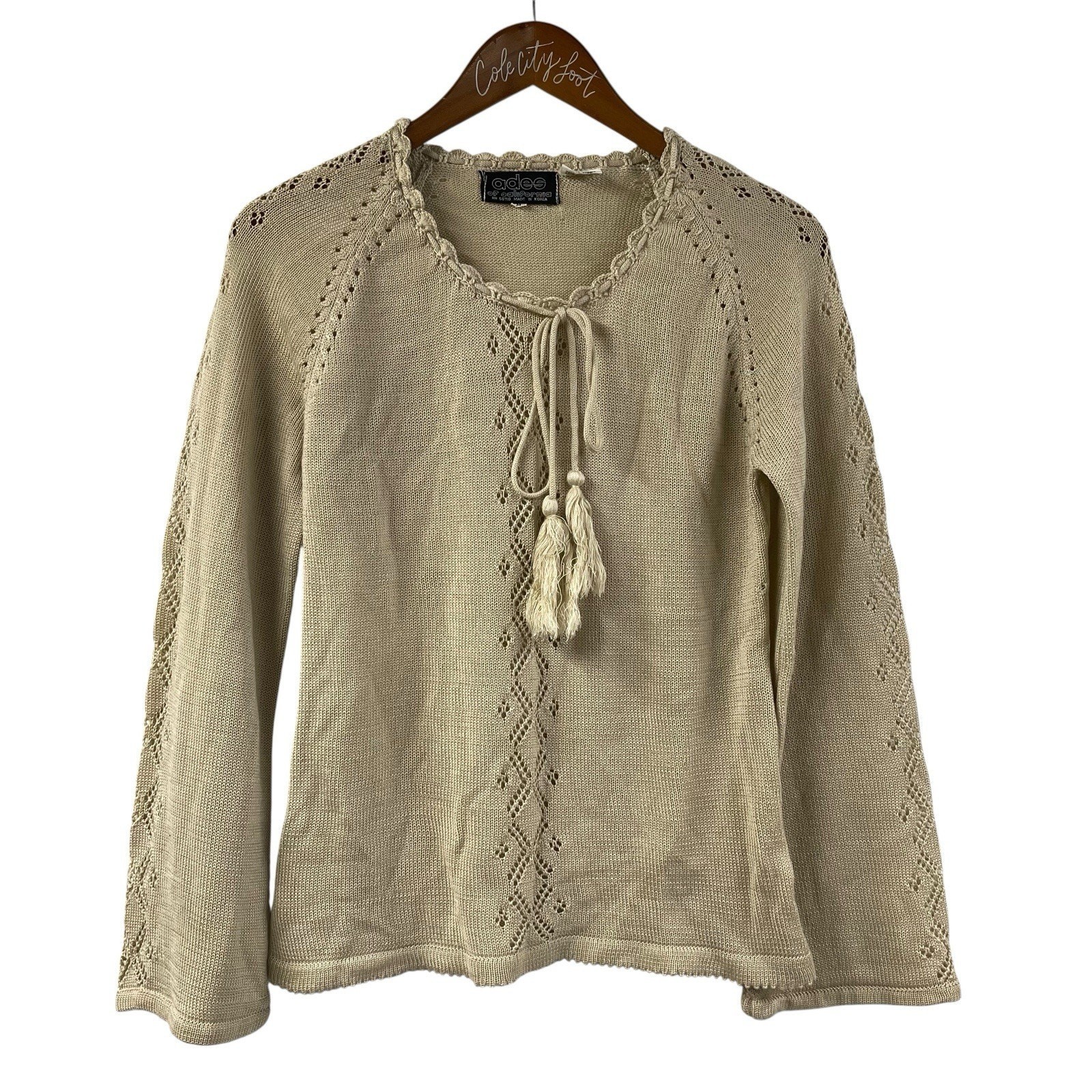 Ades Of California Vintage Crochet Knit Top Hippie Boho M Bell Sleeve Tassel