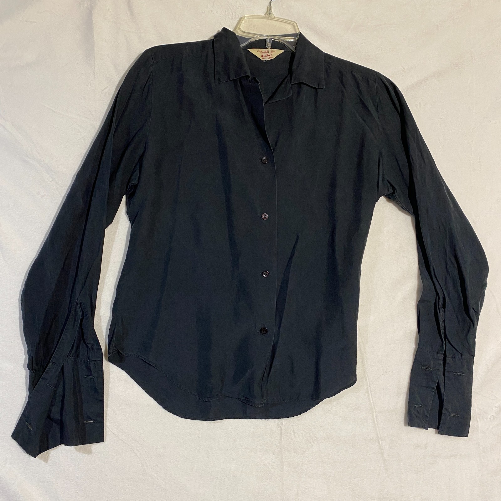 Vintage Hartley’s Button Up Shirt Womens L Black Pure Silk Bishop Sleeve Classic