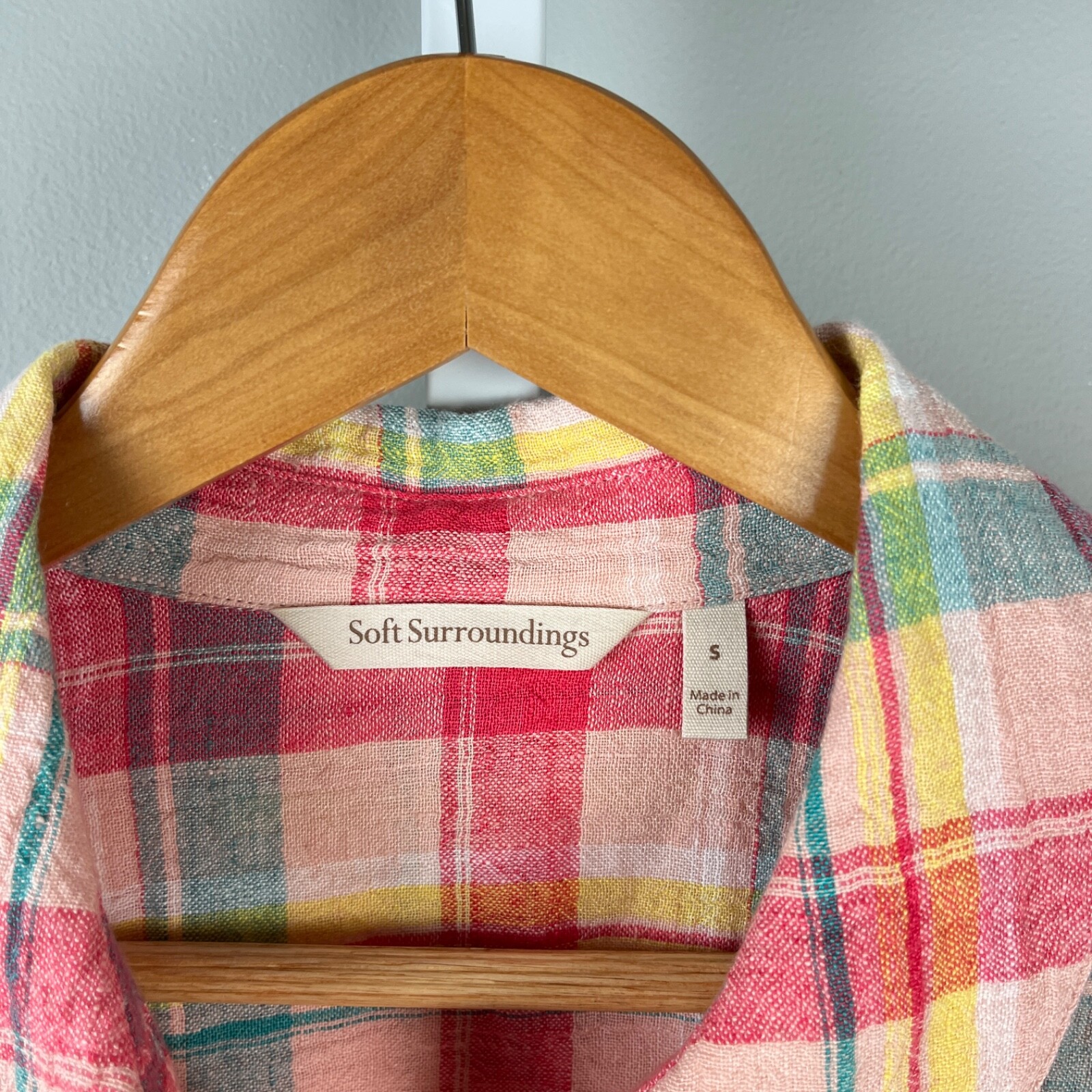 Soft Surroundings Shirt Top Womens Small Pink Plaid 100% Linen Roll Tab Sleeve