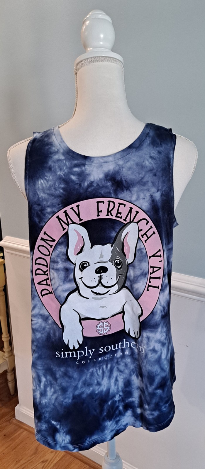 Simply Southern Size L Tank Blue Tie Dye Sleeveless Tee T Shirt French Bulldog