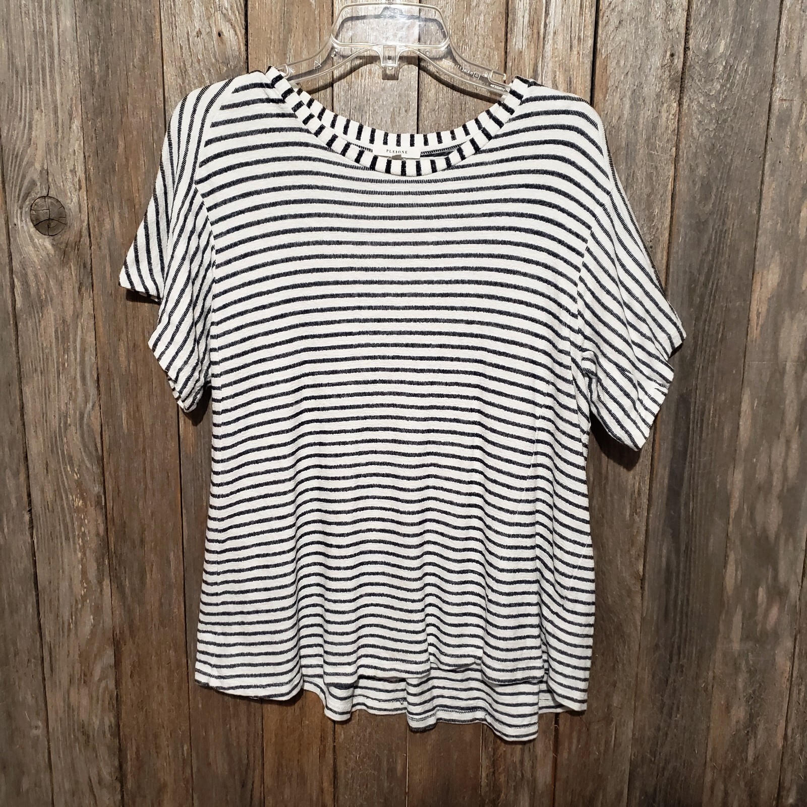Pleione M Knit Top Cream Blue Stripe Pleated Back Scandi Minimalist Quiet Luxury