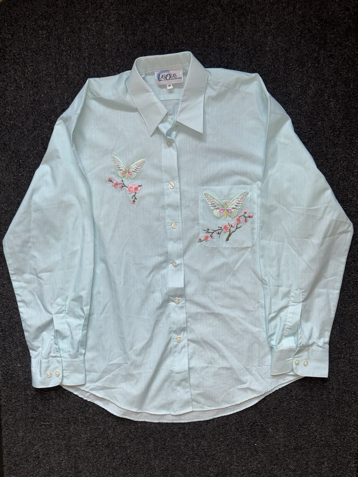 Vtg Retro 80s Las Olas Striped Butterfly Floral Embroidered Button Shirt Sz M