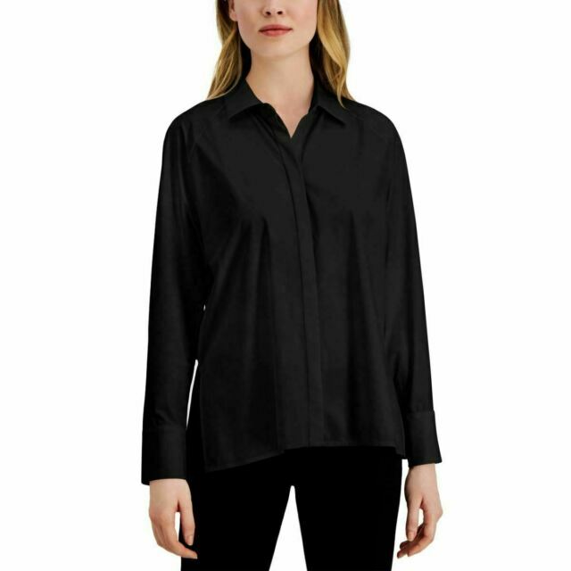 NWT $80 Alfani Women’s M Black Long Sleeve Side-Slit Button Shirt Tunic Top