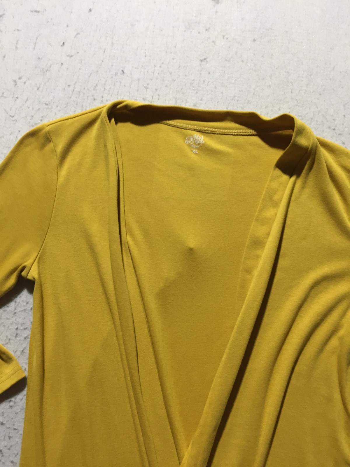 Tickled Teal Cardigan Tunic Womens XL Mustard Open Front Layered Pockets Long