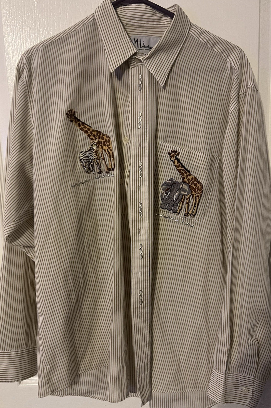 Woman’s Long Sleeve Button Up Shirt With Embroidered Zoo Animals By Mili Designs