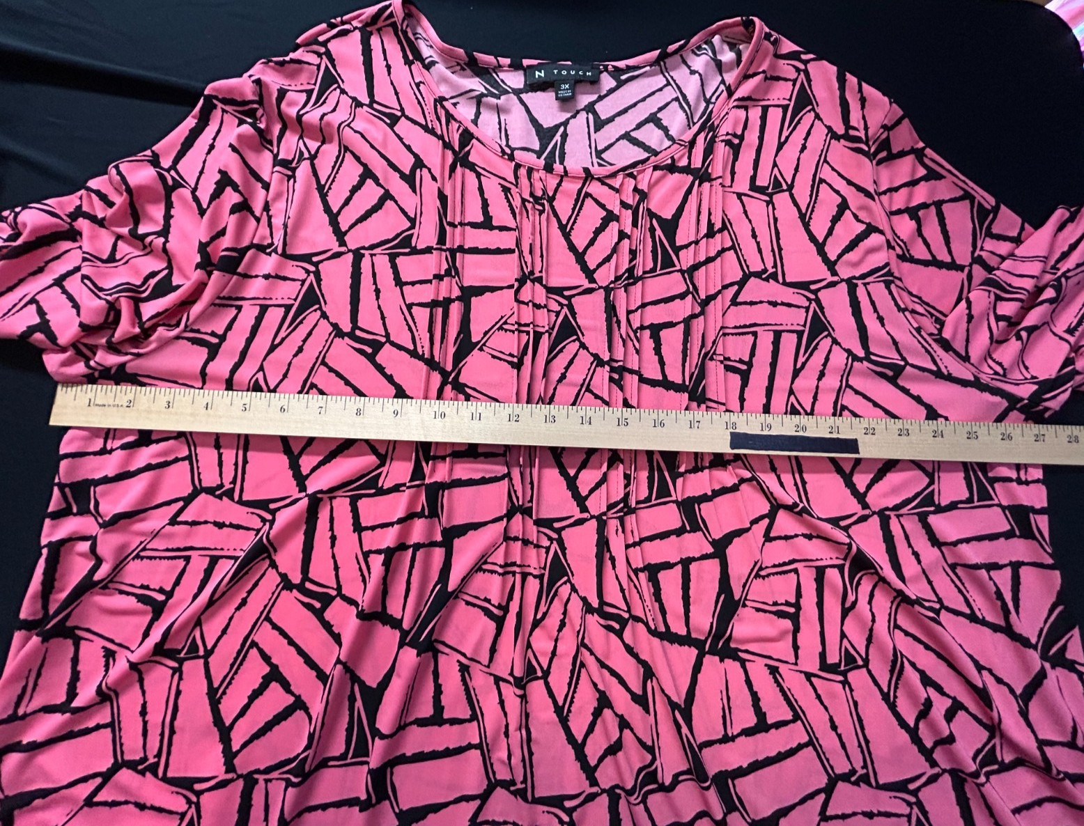 N Touch 3X Pink Black Pleated Blouse Stretch Career Plus Size 3/4 Slv Split Hem