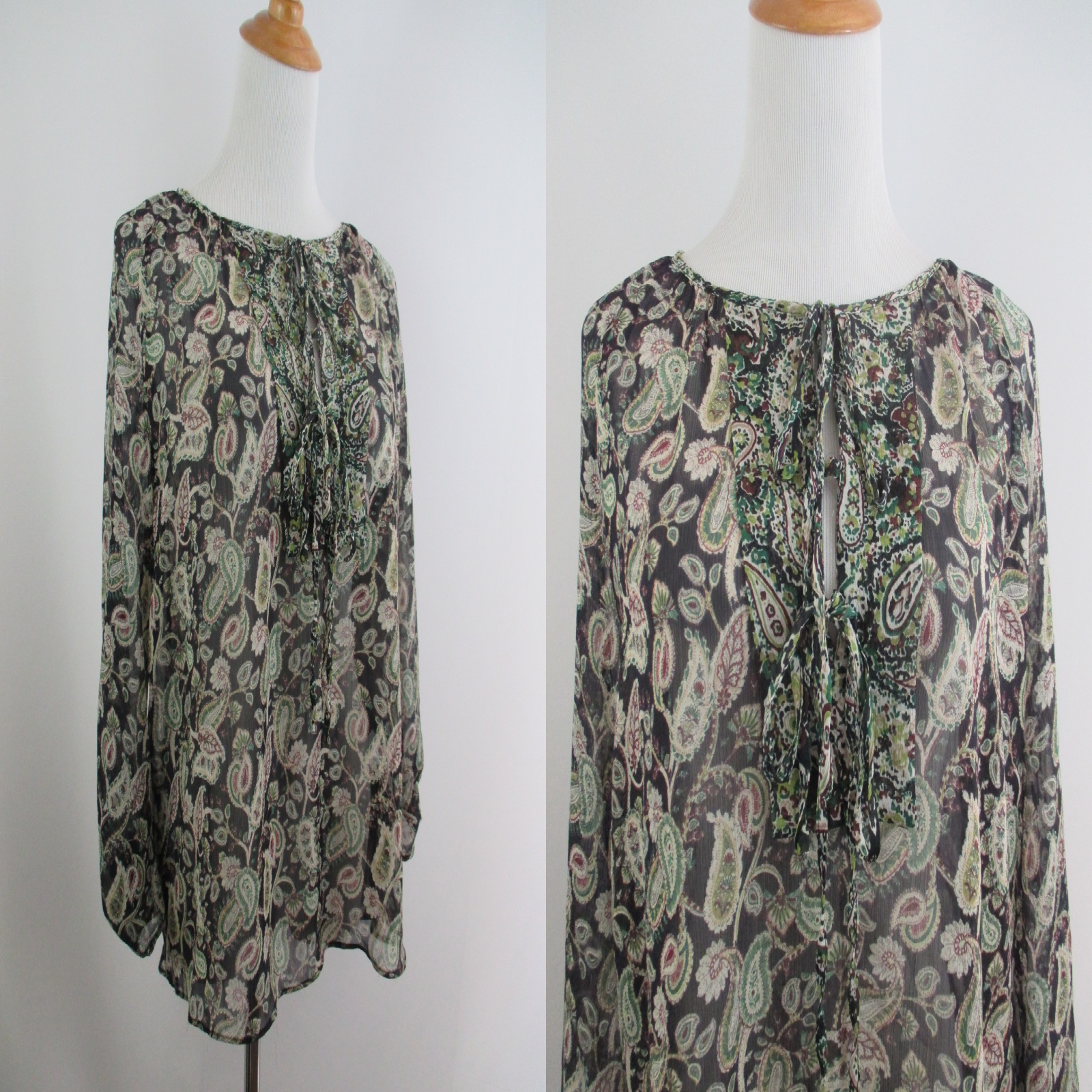 NWT ZARA Basic Womens sz XS Paisley Print Double Strap Tie Collar Ruffle Shirt