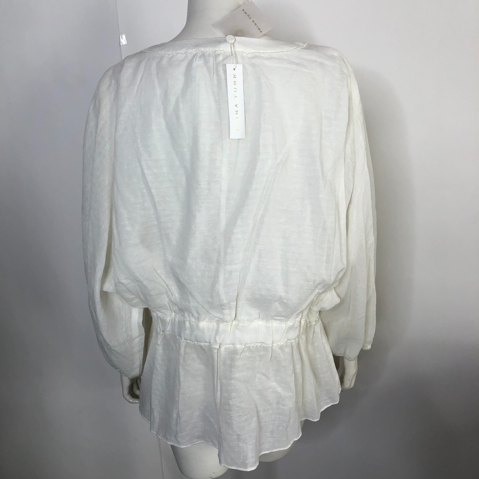 Trina Turk NEW XXL Smocked Button Plaid Check Pullover Button Top Blouse Ivory