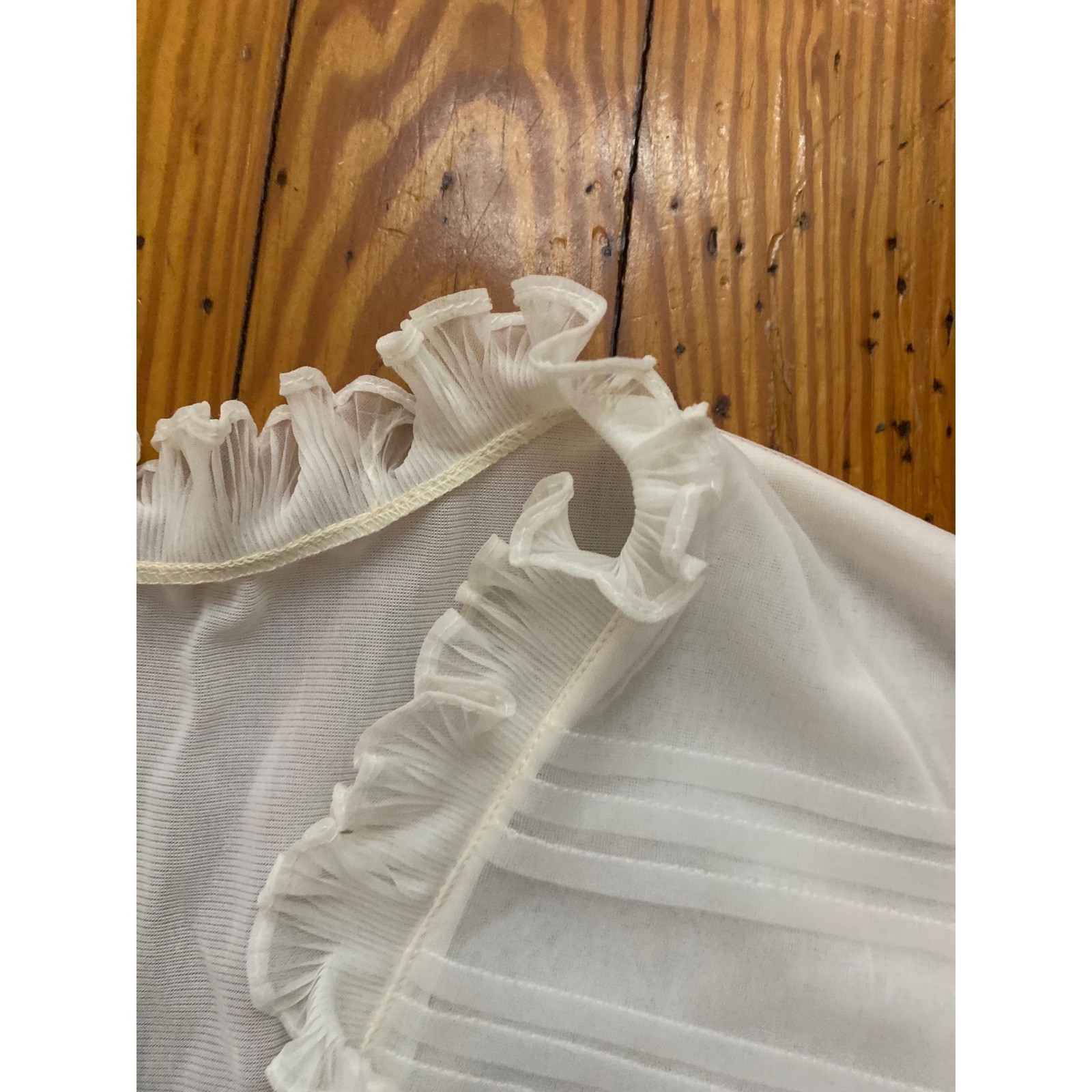 50’s VTG White Sheer Ruffle V-Neck Blouse Rhinestone Button feminine roka
