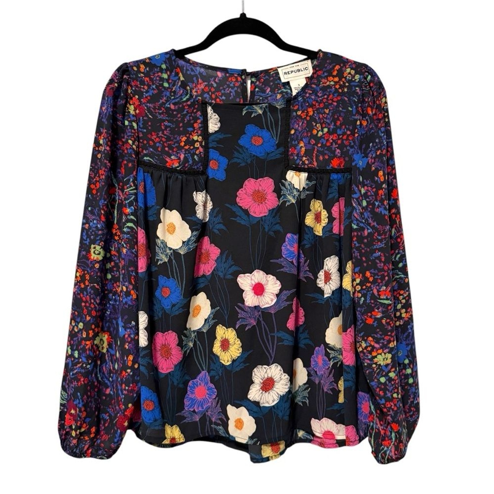 For the Republic Floral Patchwork Long Sleeve Blouse Black Pink Small