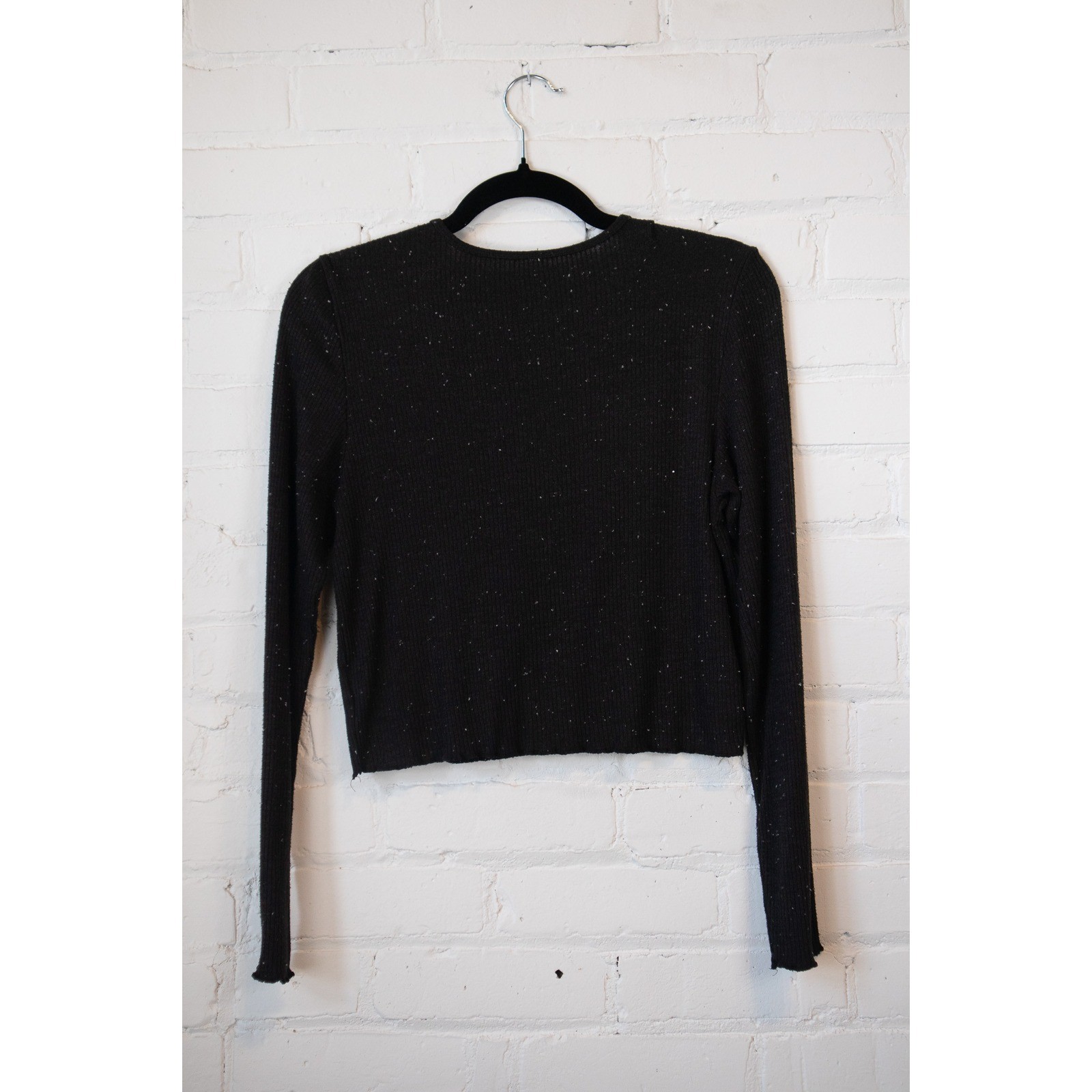 American Eagle Womens Ribbed Speckled Long Sleeve Crop Top Charcoal Gray Large