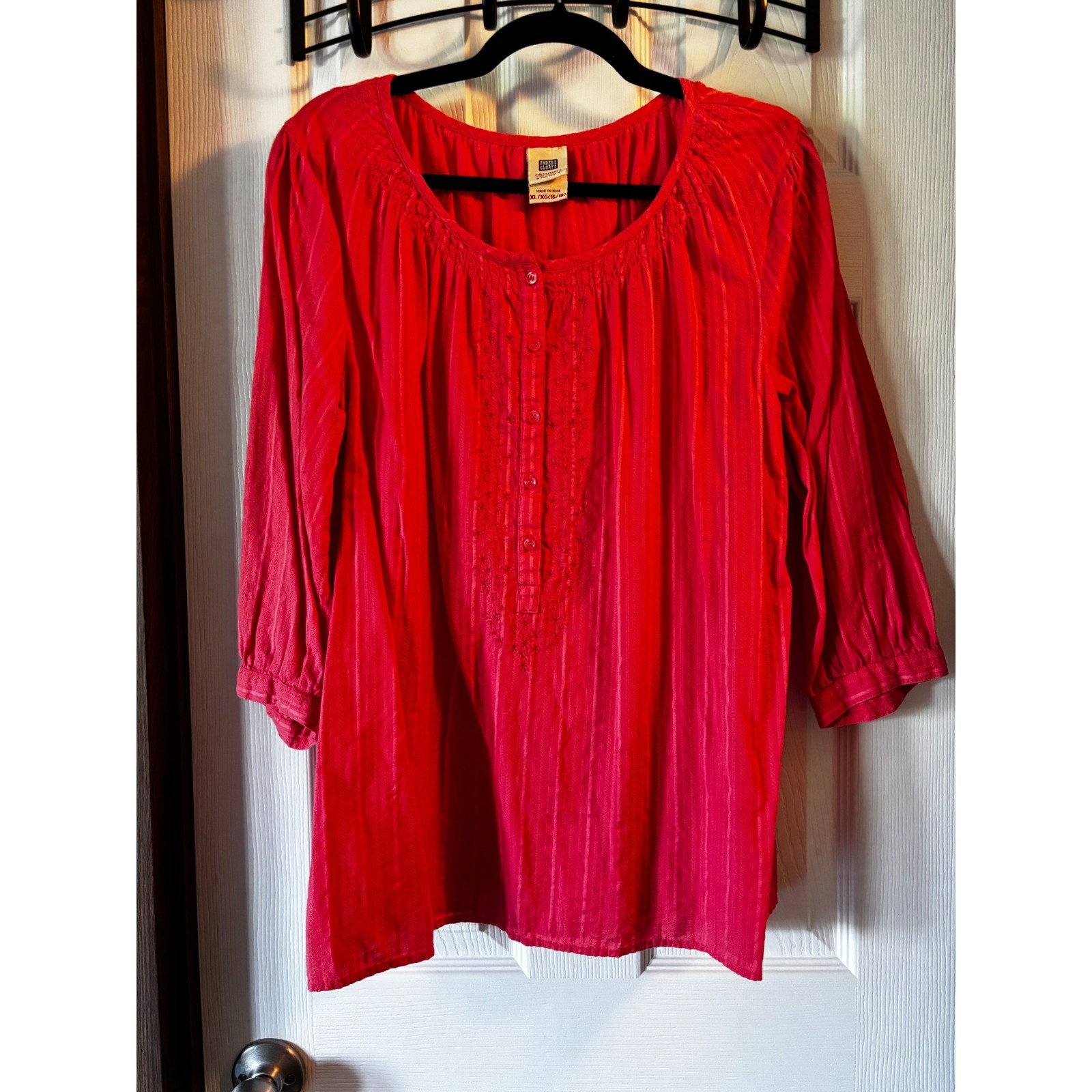 Faded Glory Red Embroidered Peasant Blouse 3/4 Sleeve Textured Stripe Top XL
