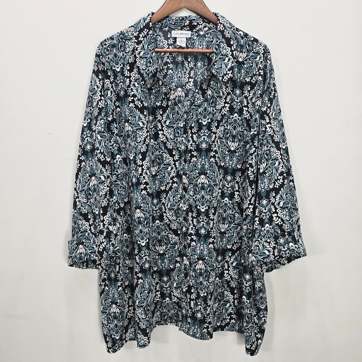 Catherines Womens Button Up Shirt Blouse Black Teal 1/2 Sleeve Roll Tab Mature