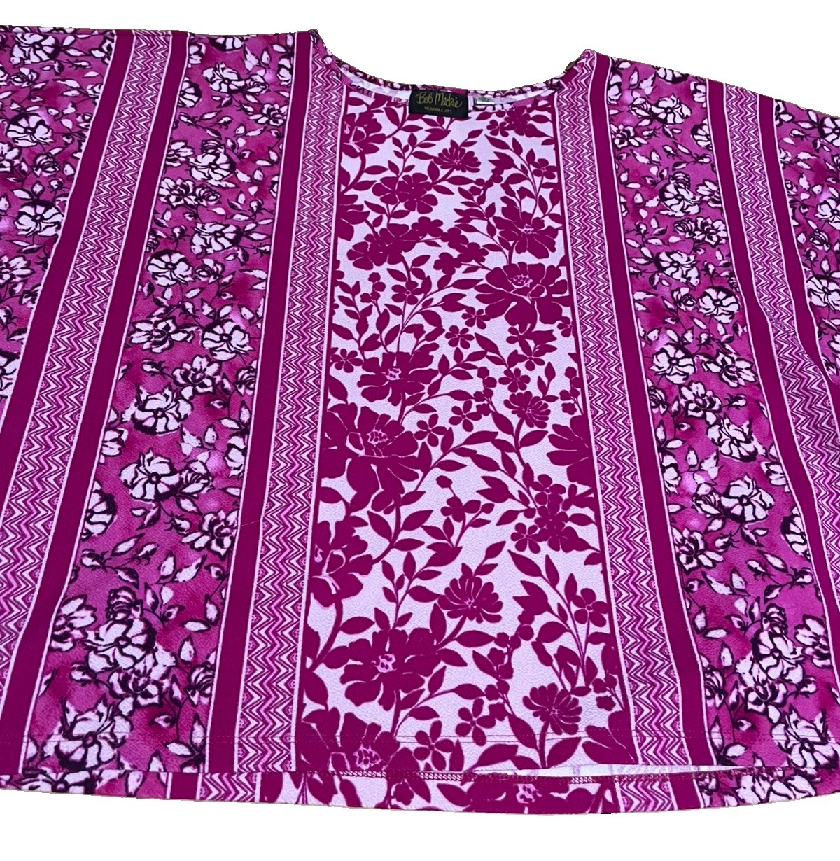 Bob Mackie WEARABLE ART Mix Floral Print Dolman Sleeve Knit Top XL Magenta MINT!