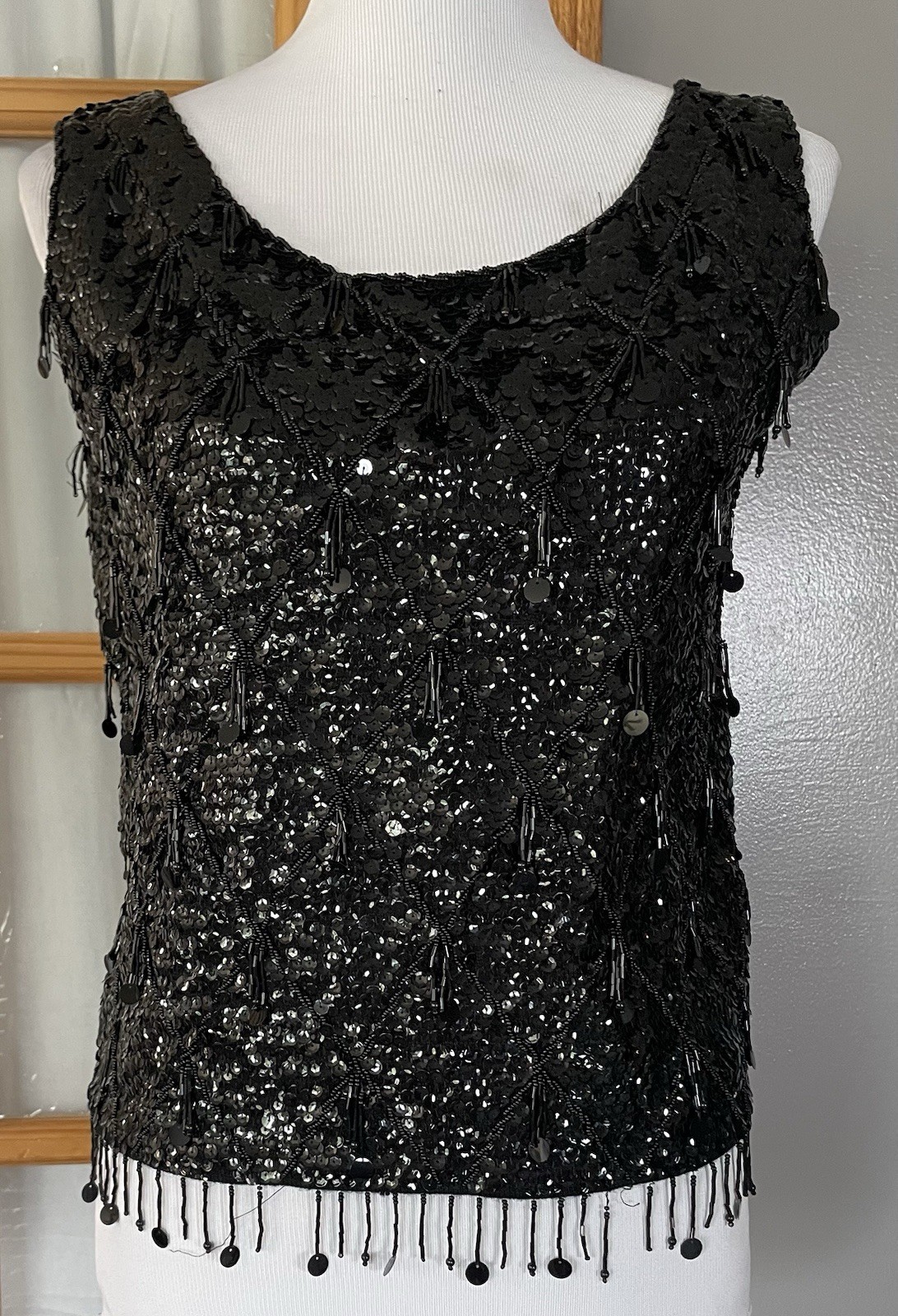 70s Fully Sequined Wool Tank Top Womens Sz M Black Fringes Goth Fairy Hong Kong