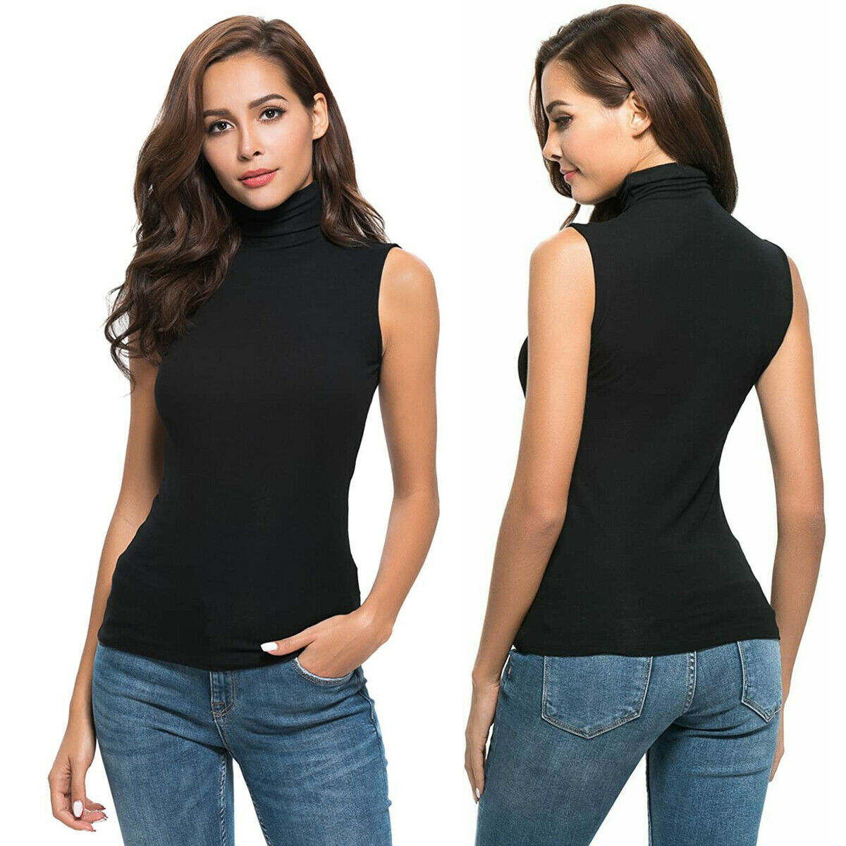 Women Mock Turtleneck Ribbed Tank Top Sleeveless Stretch Slim Fit Black White JK