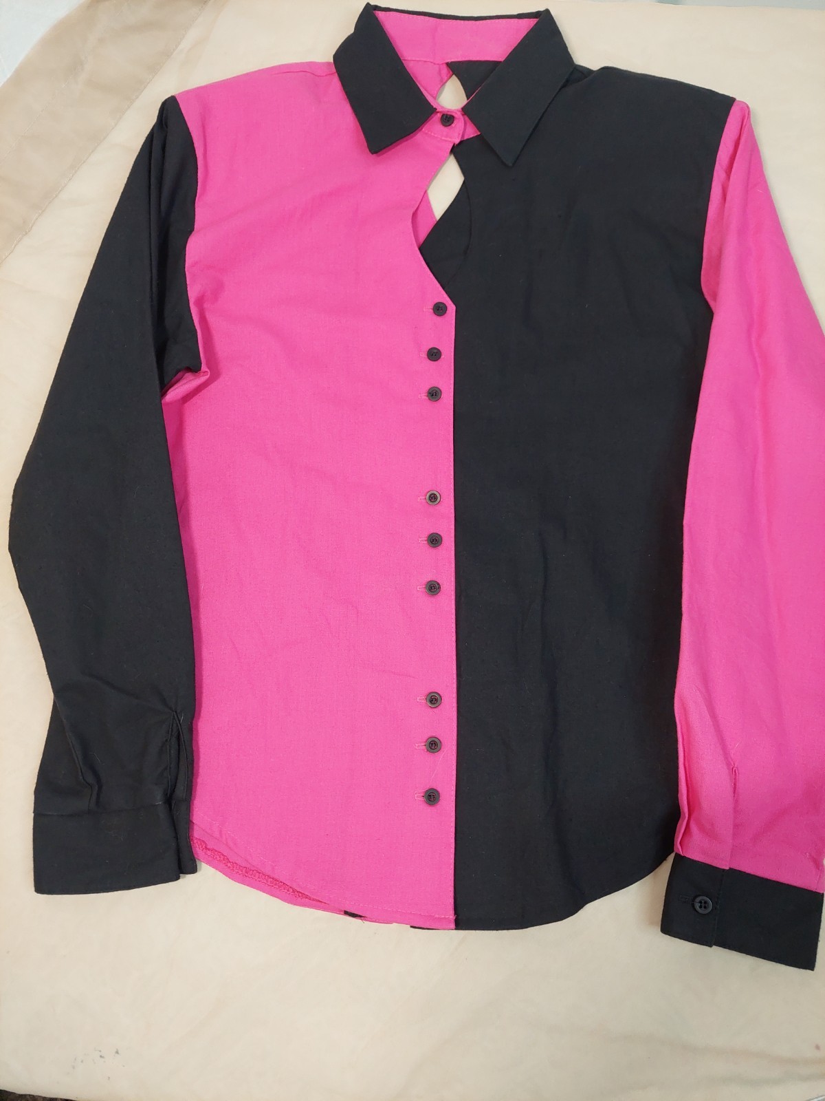 🔥 VINTAGE 80s/90s COLORBLOCK BLOUSE Hot Pink Black Dramatic Shirt 100% Cotton