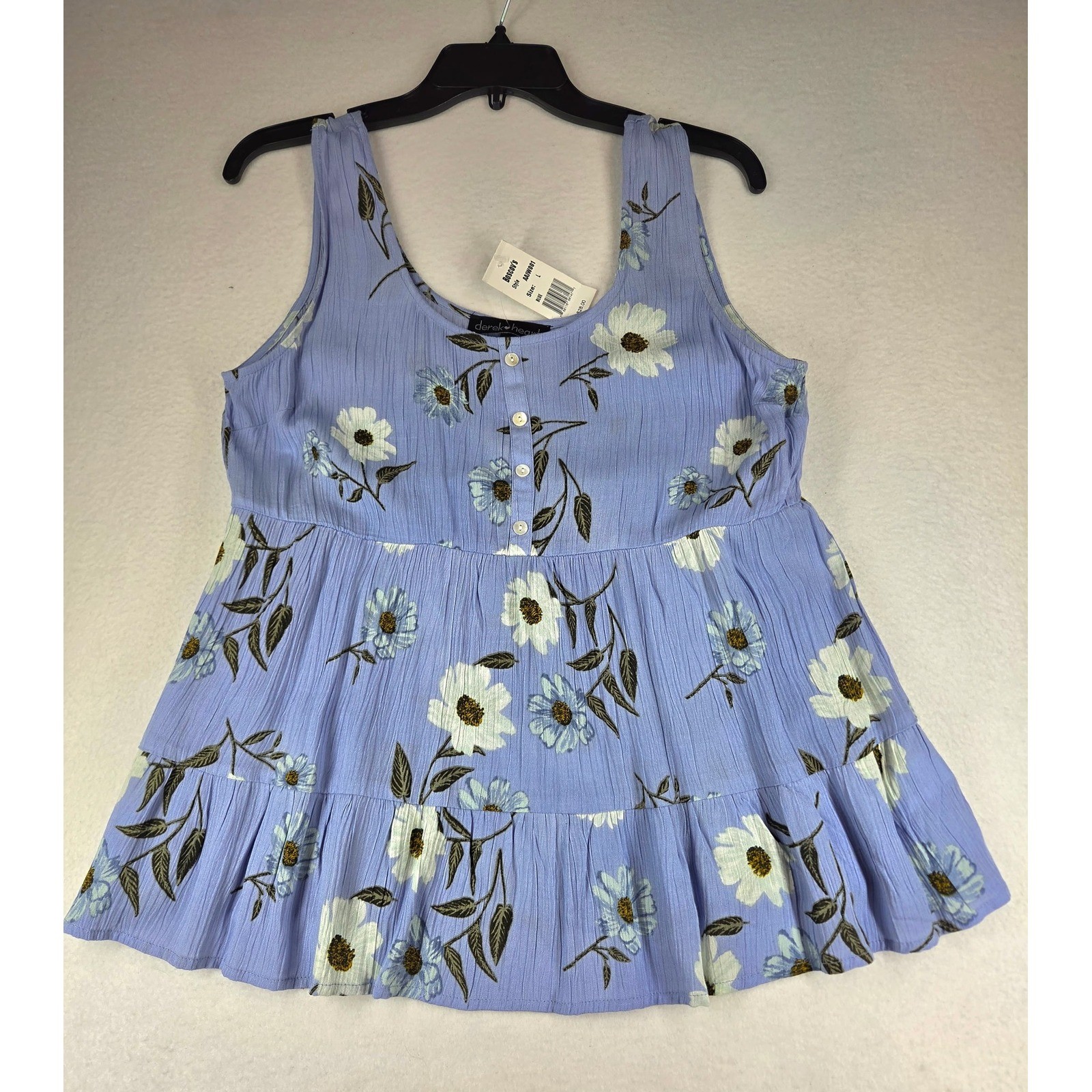 Derek Heart Blue Floral Babydoll Tank Top Tiered Ruffle Sleeveless Large AAJW001