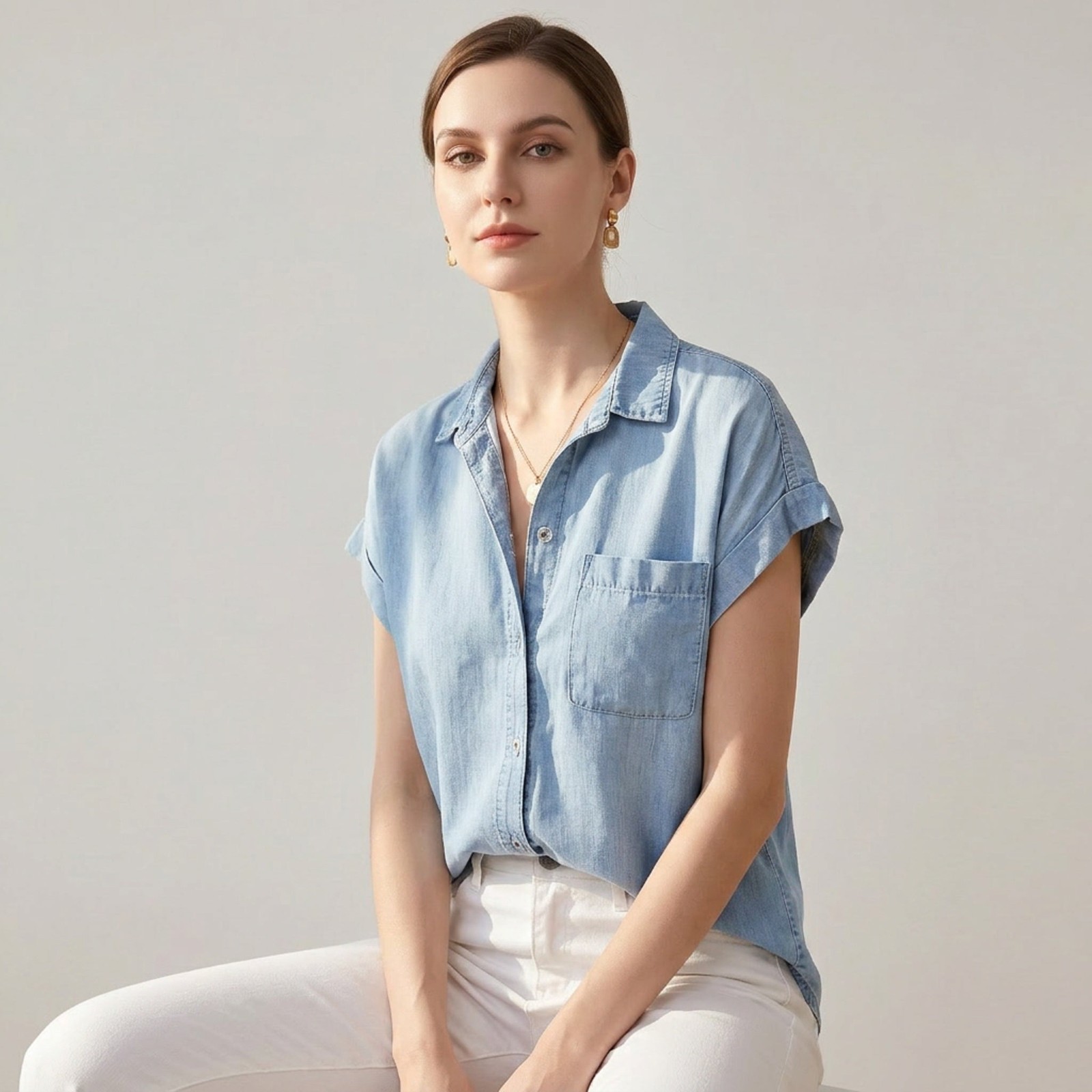 Light Wash Denim Rolled Sleeve Blouse