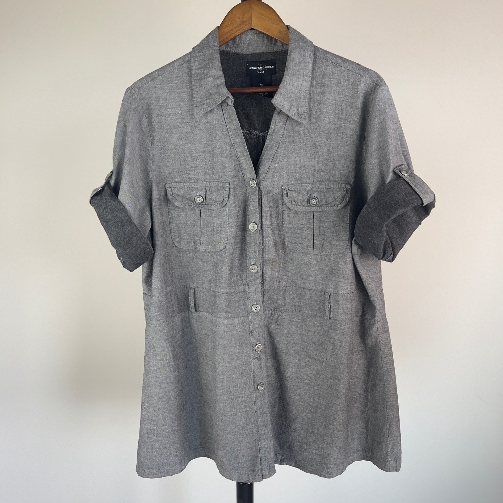 Jennifer Lauren Plus Grey Cotton Button Down Utility Shirt 2X Short Sleeve