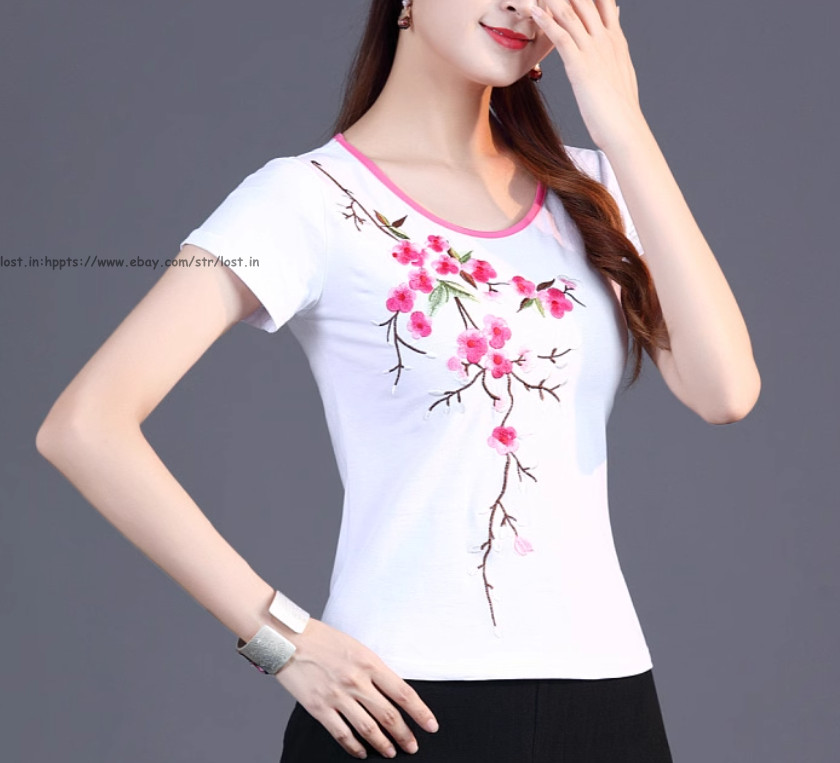Summer Chinese Style Women’s Short Sleeve Blouse Tops embroidery Ethnic T-Shirts