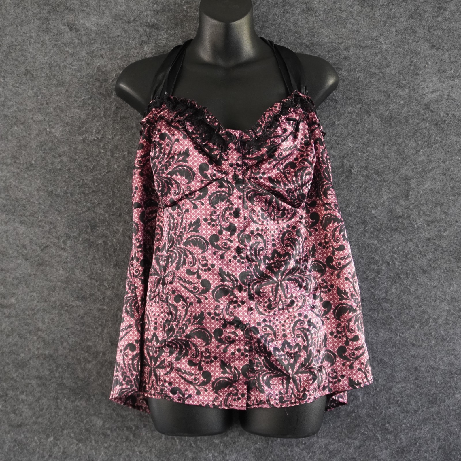 TORRID Halter Top Sz 0 Pink Black Damask Satin Cami Lace Y2K Goth Whimsigoth