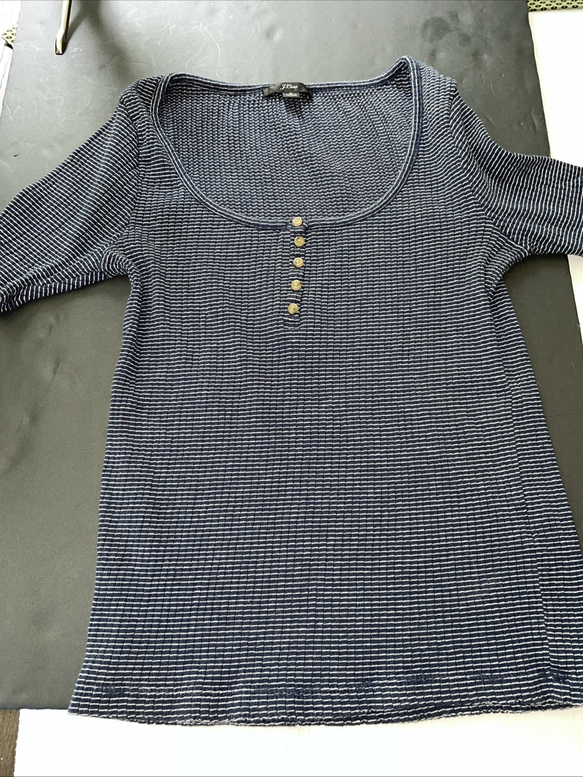 J.Crew Frieda Scoopneck Ribbed Henley Top- Striped Navy & White-Size Small