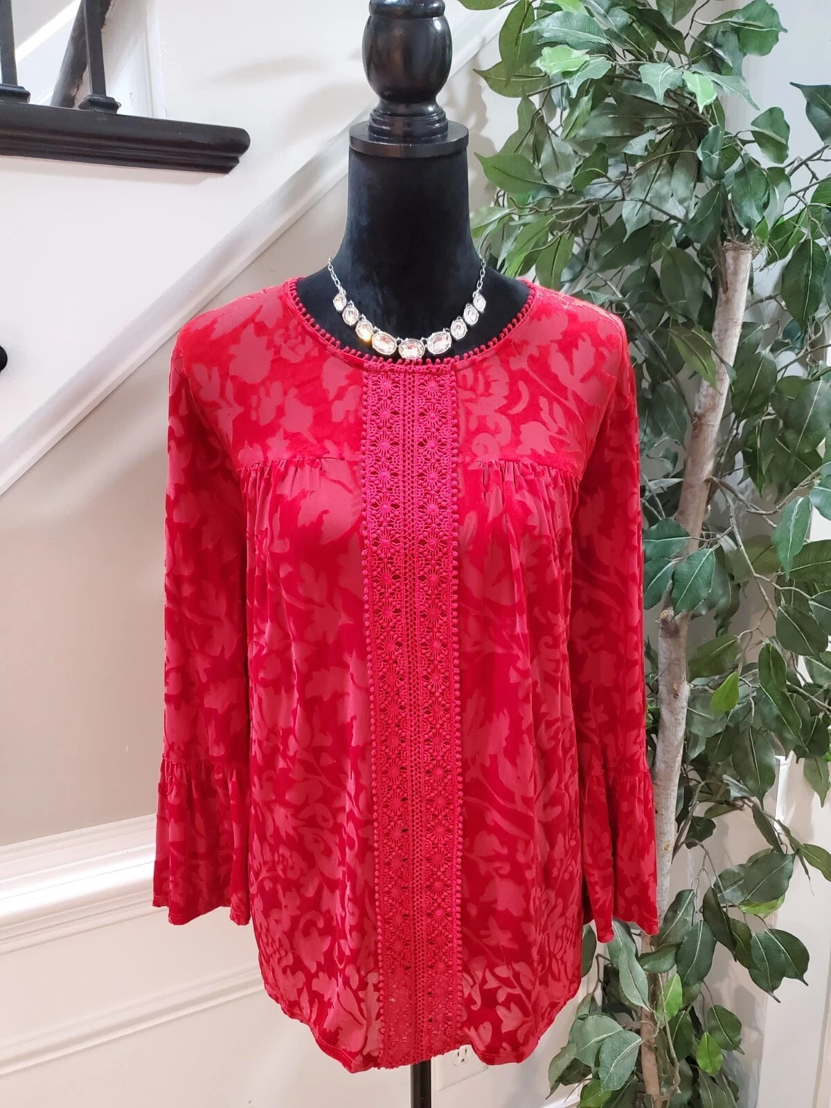John Paul Richard Tunic M Burnout Red Velvet Bell Sleeve Vamp Witchy Whimsigoth