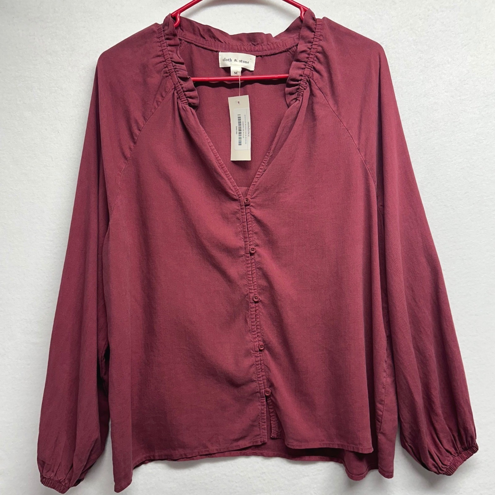 Cloth & Stone Sundance Blouse M Raglan Ruffle Neck Wine Red Tencel New Buttons