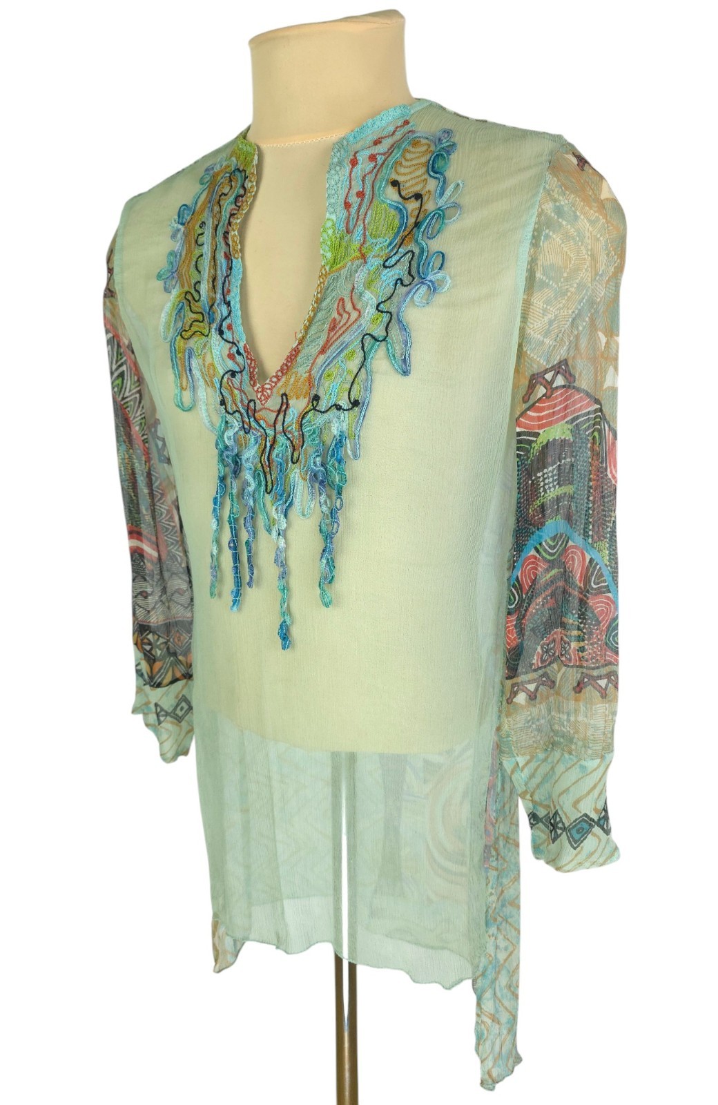 Save The Queen! Mesh Sheer Boho Top Tunika Blouse Size L Mint Green Embroidered