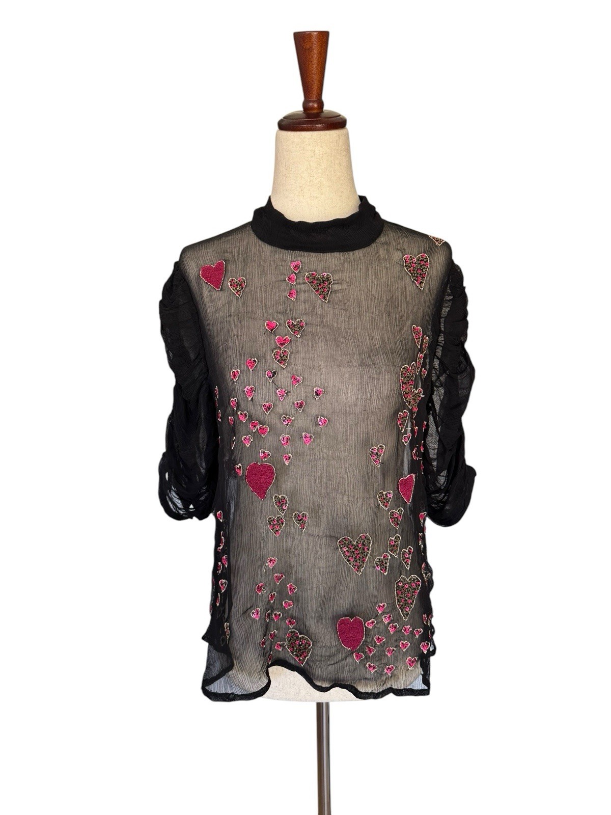 Free People “So in Love” Embroidered Heart Beaded Sheer Blouse Vintage 30s Style