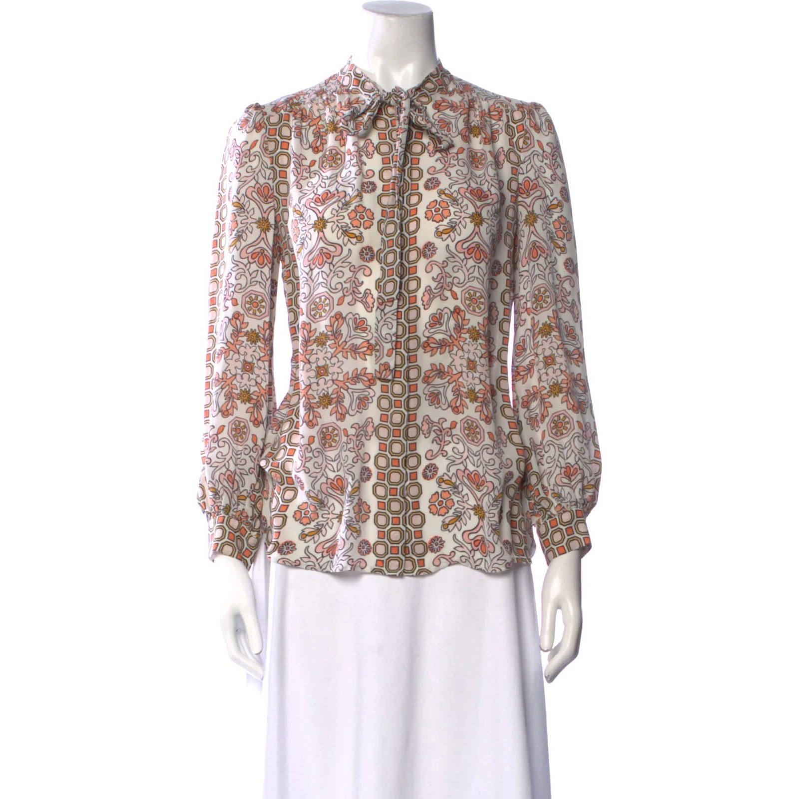 Tory Burch Kia Bow Blouse Hicks Garden Silk Tie Neck Geometric Floral Tile Print