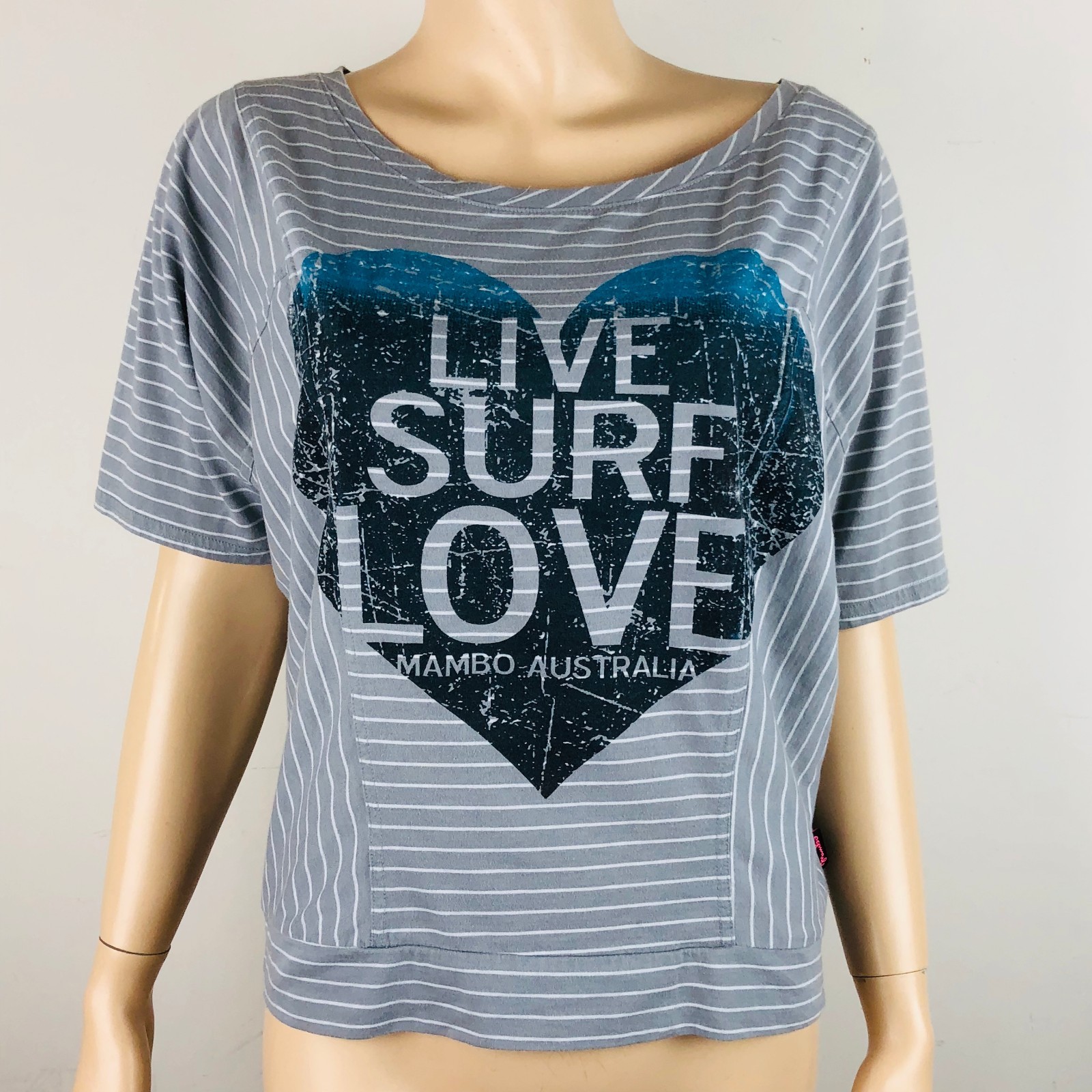 Mambo Top Gray Striped Top Live Surf Love Short Sleeves L *