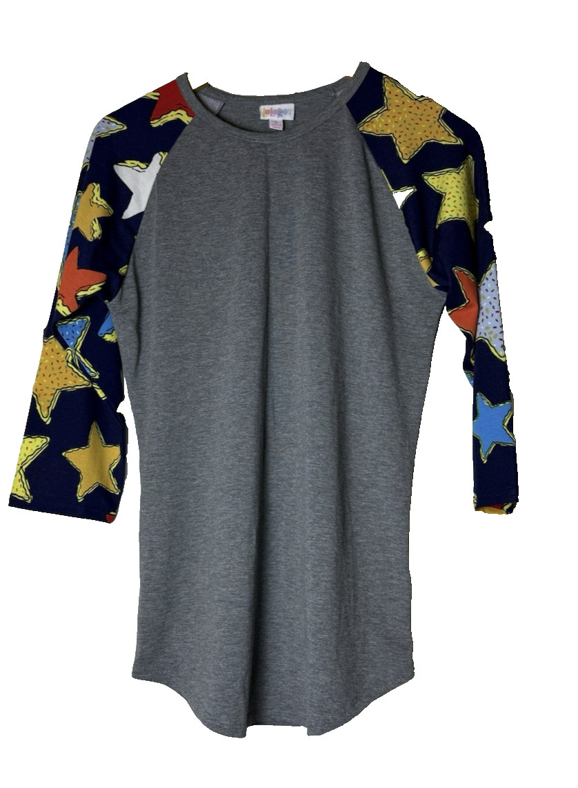 NWT LuLaRoe Gray Blue Baseball Shirt Red Yellow Blue Star Sleeves – Randy – S