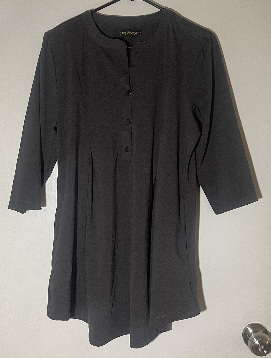 #23 Reborn J Gray with pockets Pleated Button Chiffon 3/4 Sleeve Tunic Dress L