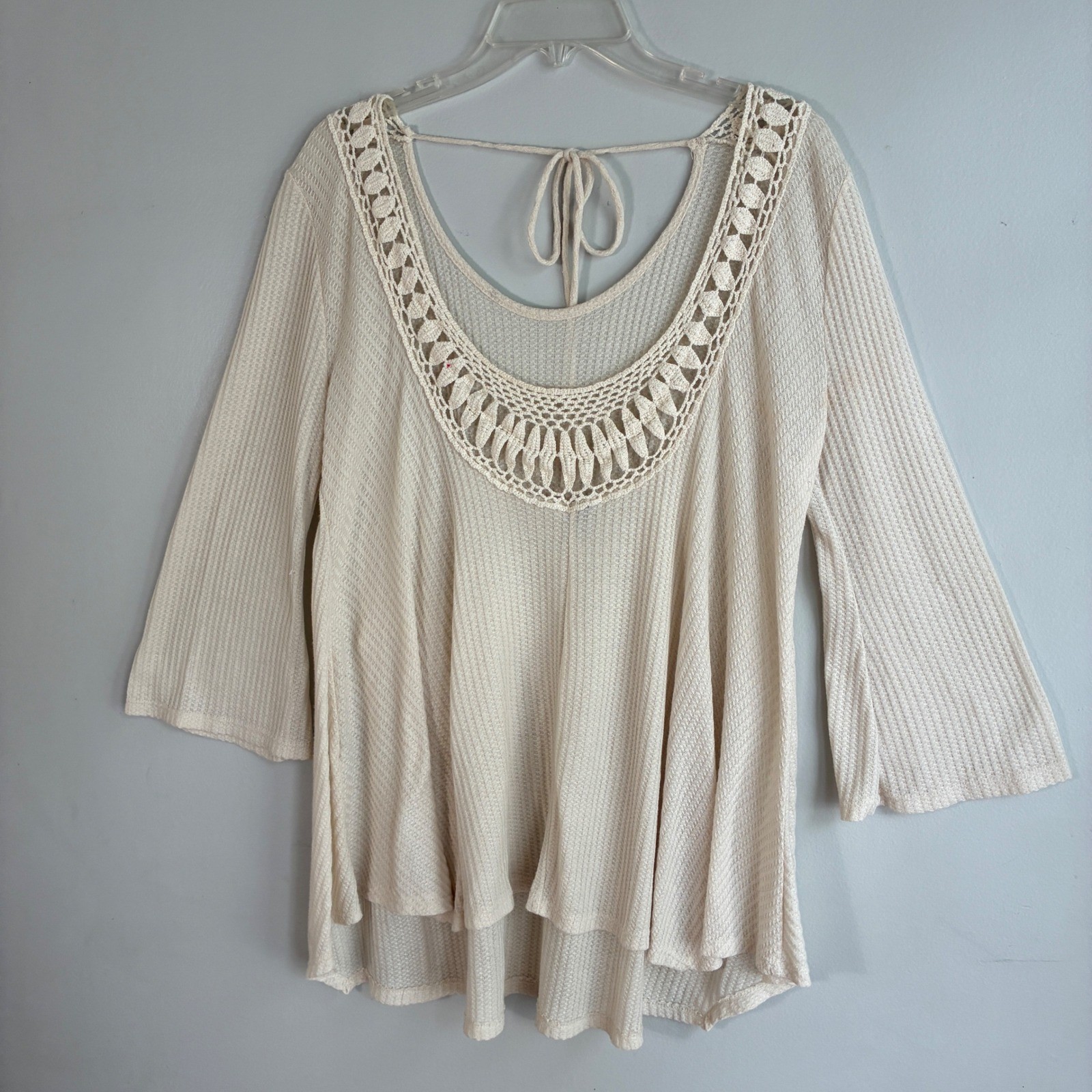 Earthbound Trading Co Waffle Knit Crochet Tunic Womens XL Cream Boho