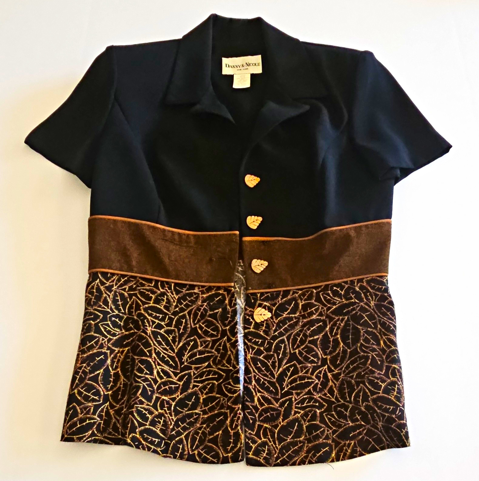 Danny & Nicole Black Brown Floral Velvet Embroidered Button Front Blouse 6