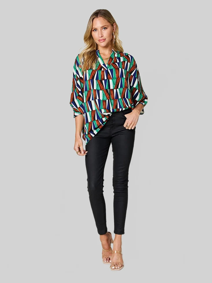 Women Double Take Full Size Geometric Notched Dolman Sleeve Top