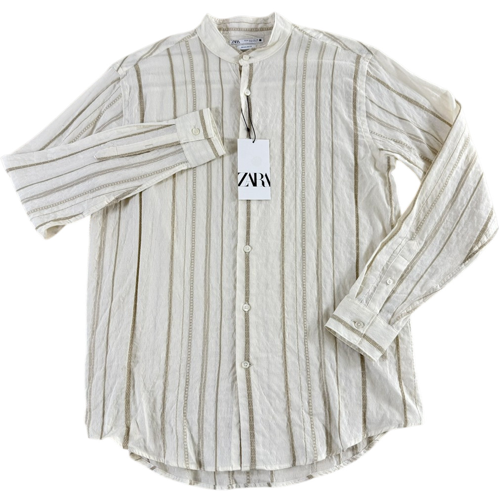 Zara NEW Linen Beige Striped Manderin Collar Refined Womens M Button Down Shirt